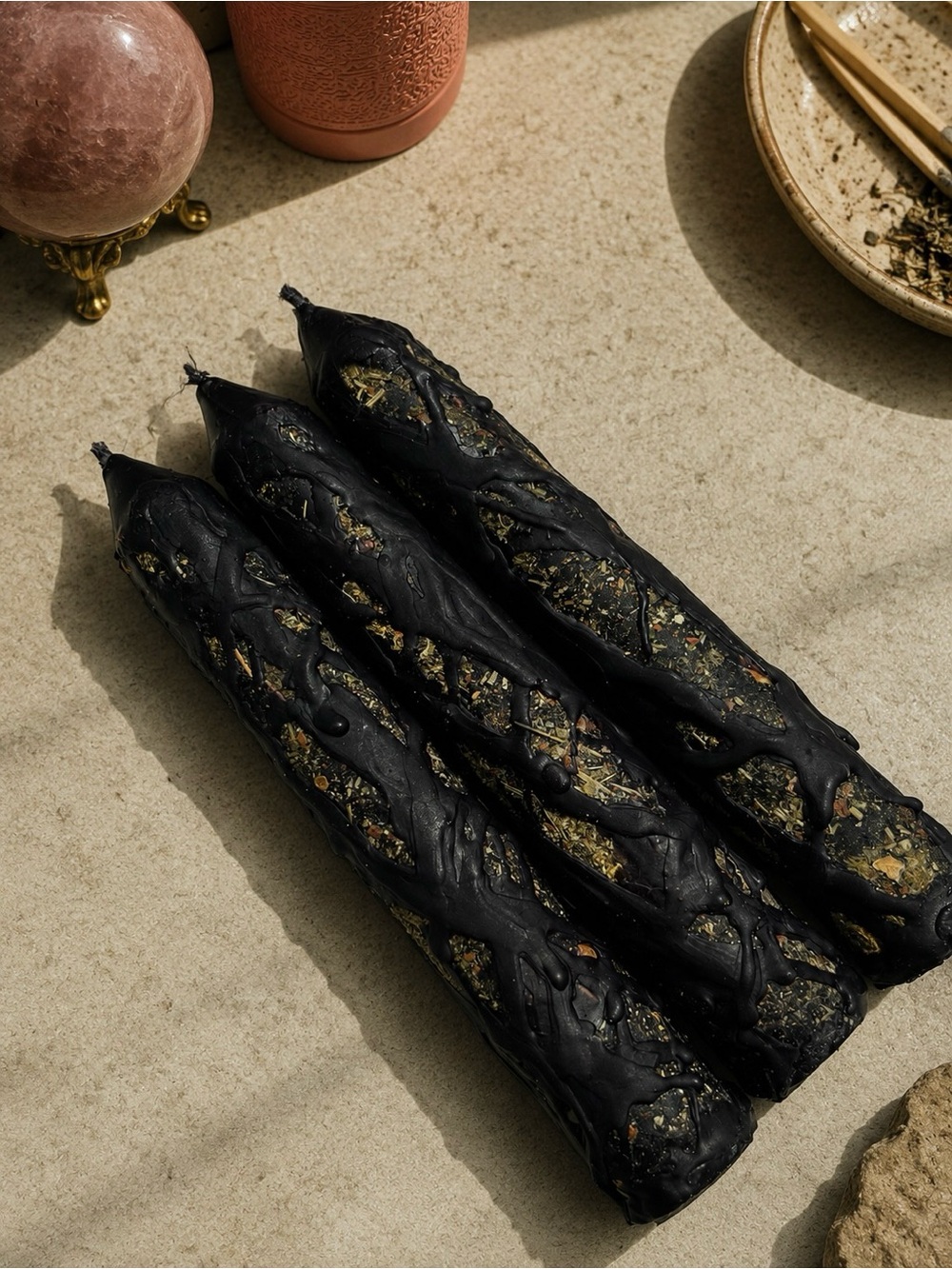 Black Protection Ritual Herb-Infused Taper Candle | Beeswax Witchcraft Candle